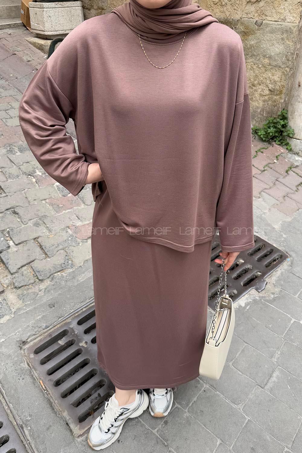 Lamelif Kristal Etekli Tesettür Takım Soft Kahve