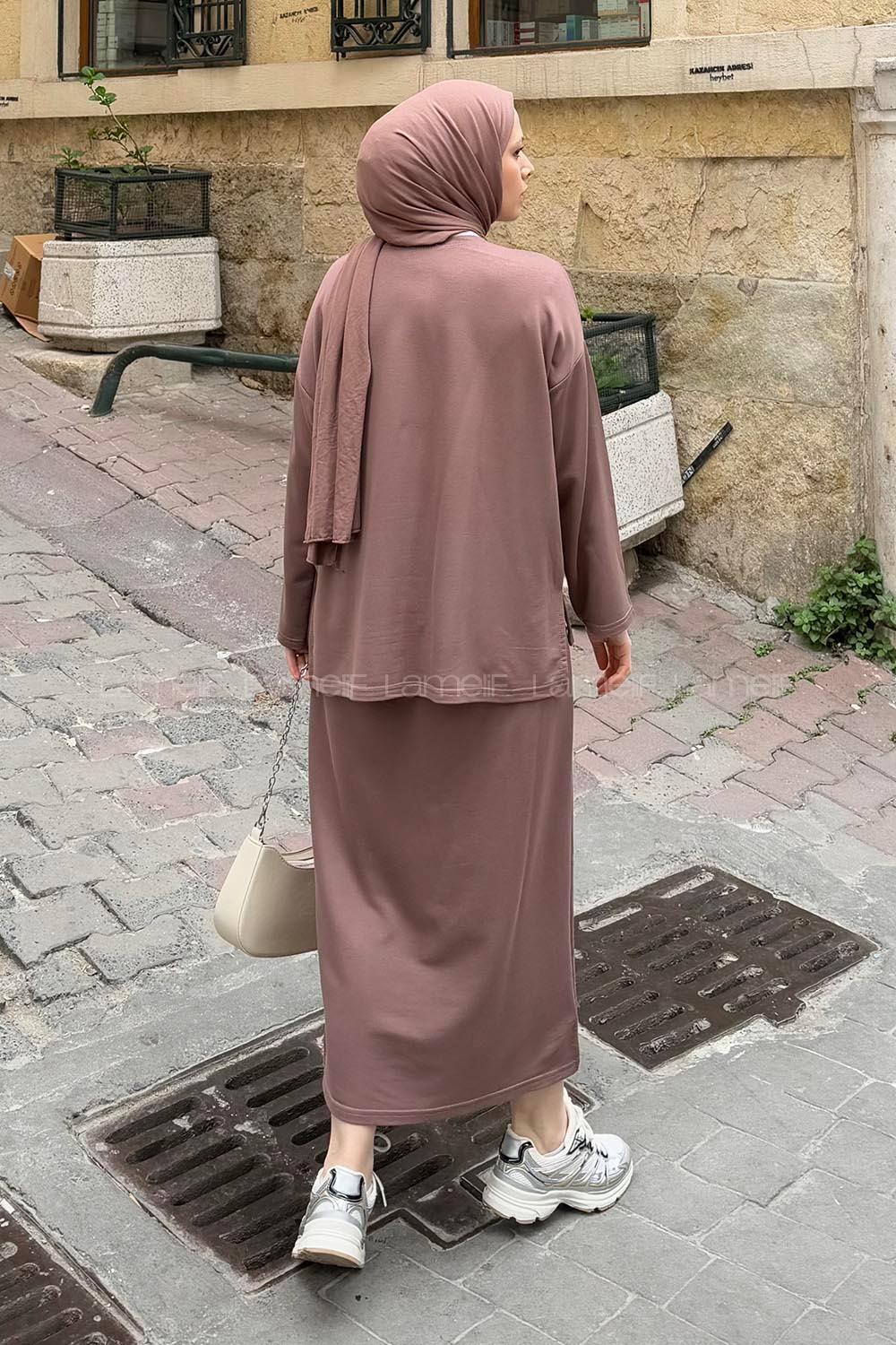 Lamelif Kristal Etekli Tesettür Takım Soft Kahve