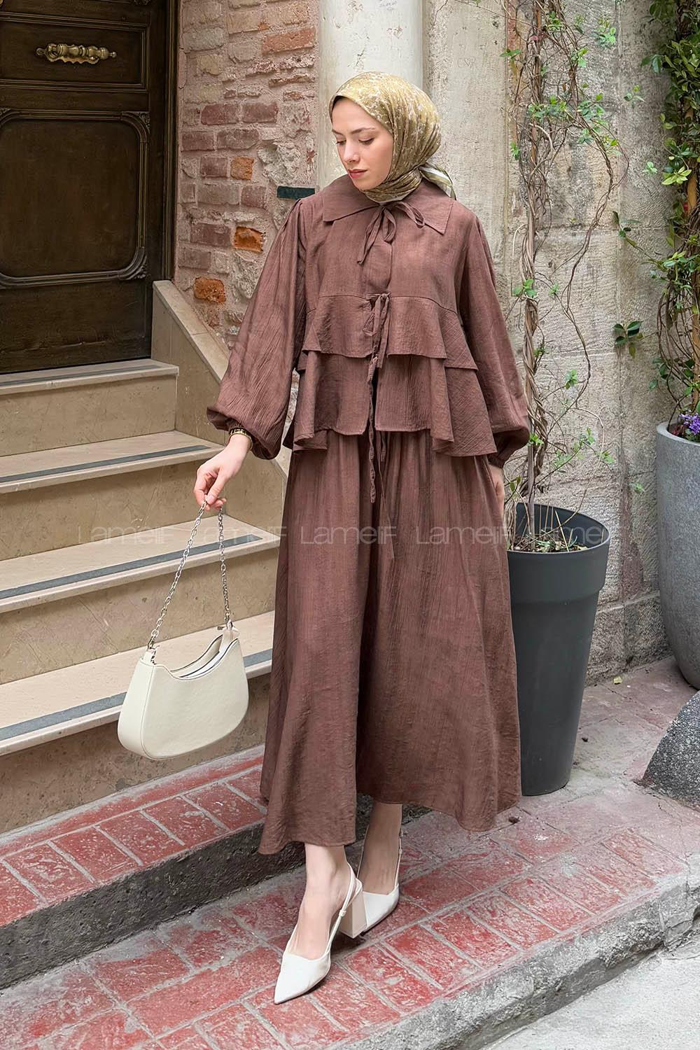 Lamelif Ön Fiyonk Bağlamalı Bluz Etek Tesettür Takım Kahverengi