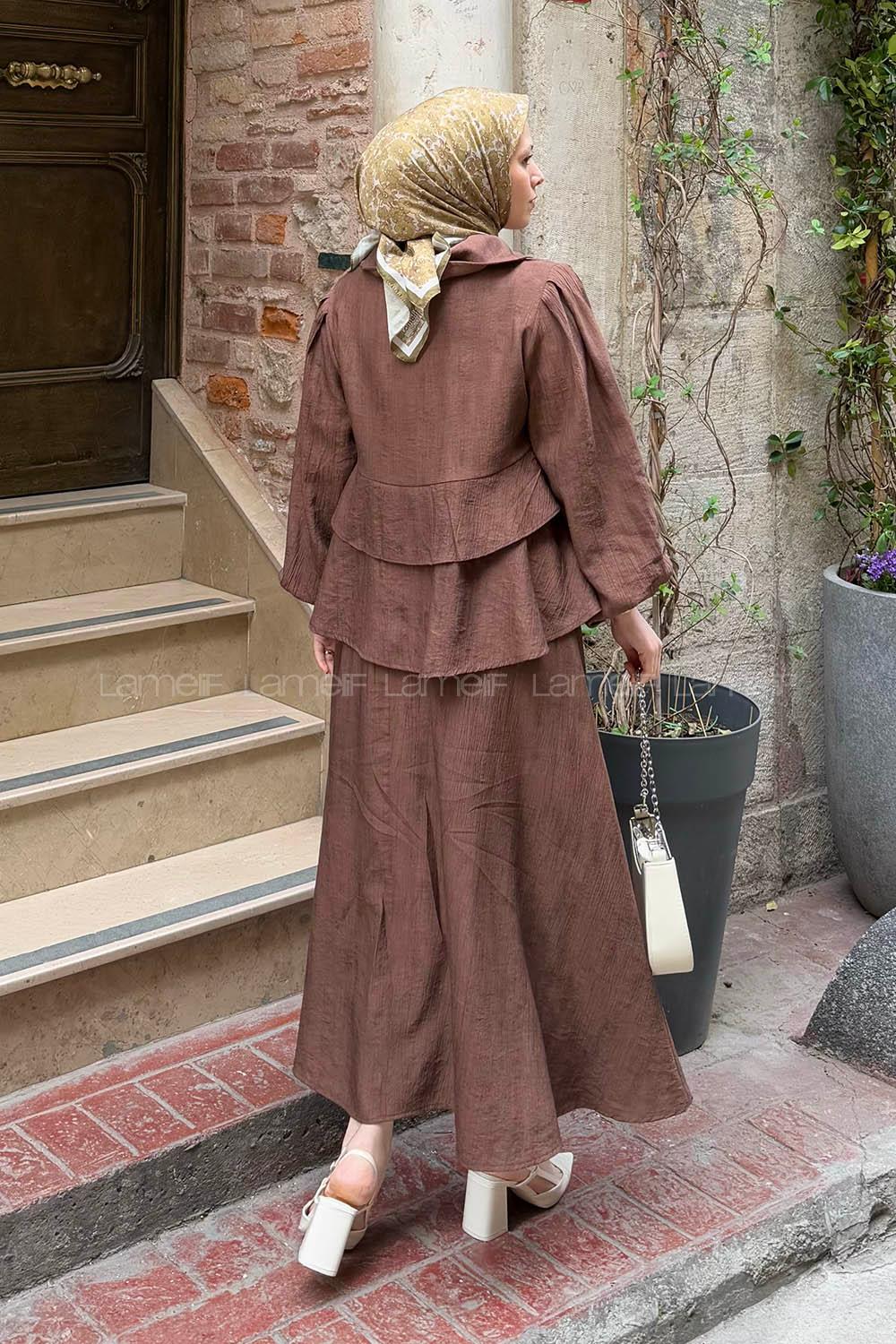 Lamelif Ön Fiyonk Bağlamalı Bluz Etek Tesettür Takım Kahverengi