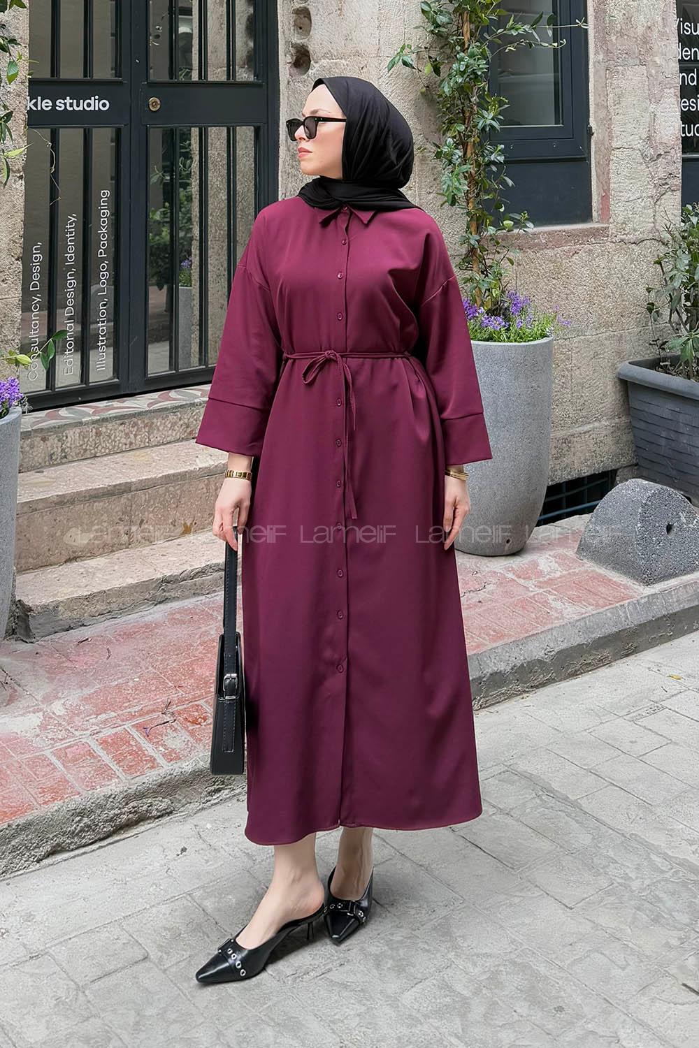 Plum Shirt Collar Cotton Dresess