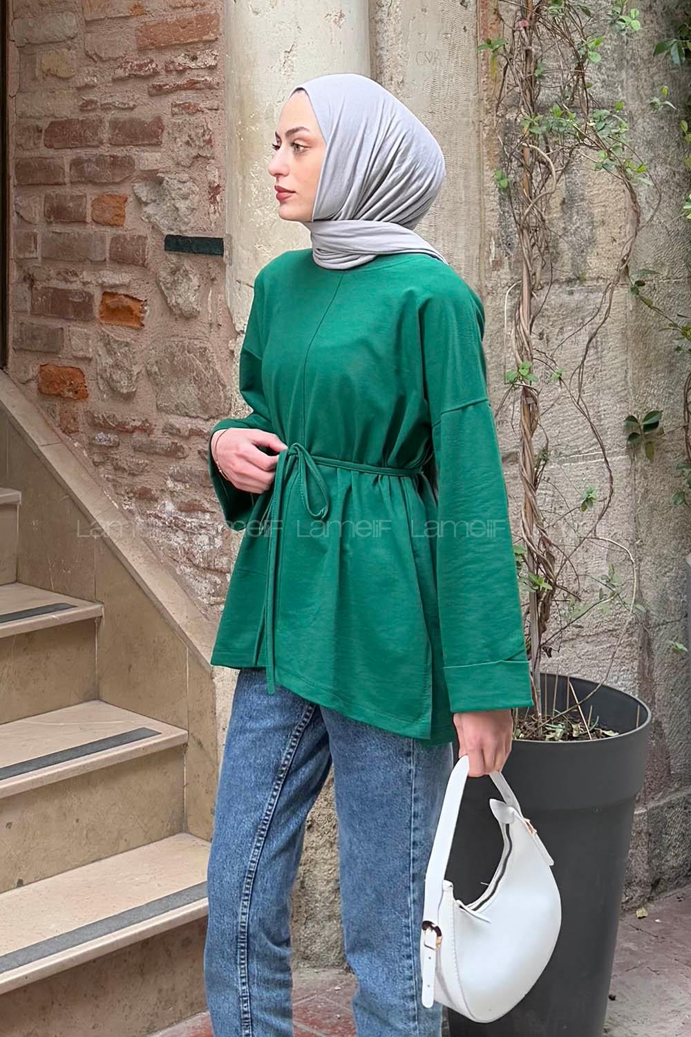 Lamelif Yırtmaç Detaylı Sweat Zümrüt