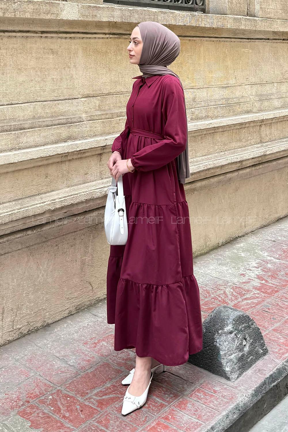 Modalamelif Yarım Düğme Detaylı Terikoton Elbise Bordo