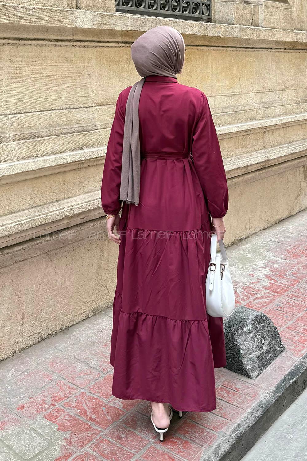 Modalamelif Yarım Düğme Detaylı Terikoton Elbise Bordo