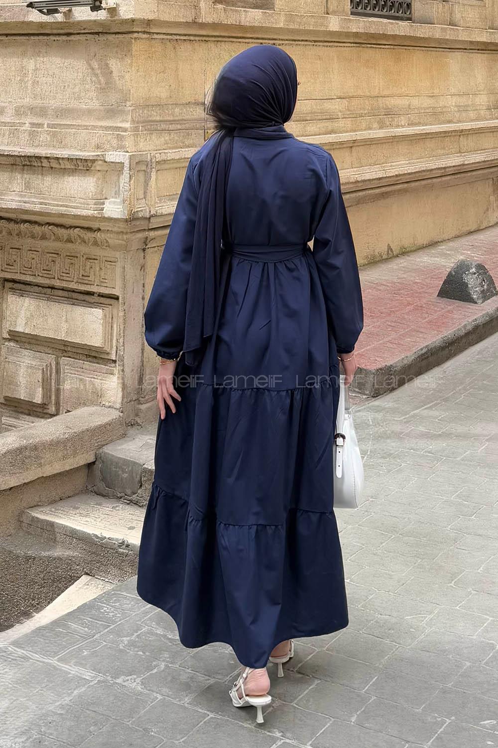 Modalamelif Yarım Düğme Detaylı Terikoton Elbise Lacivert