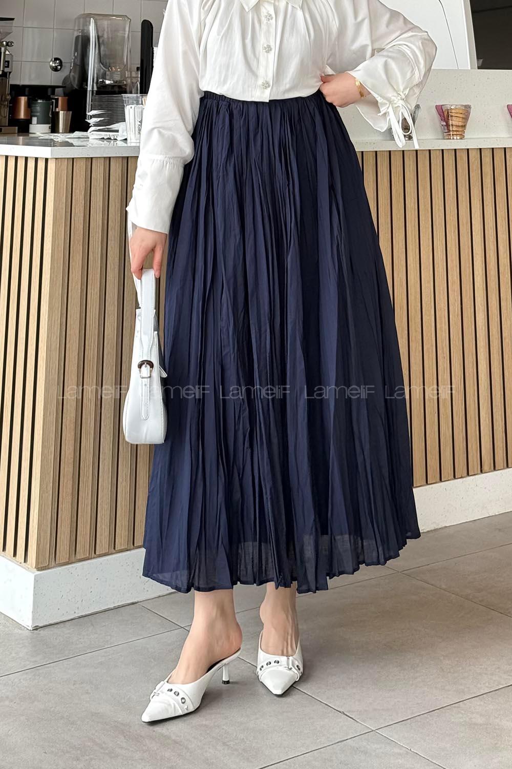 Lamelif Astarlı Tesettür Etek Koyu Lacivert