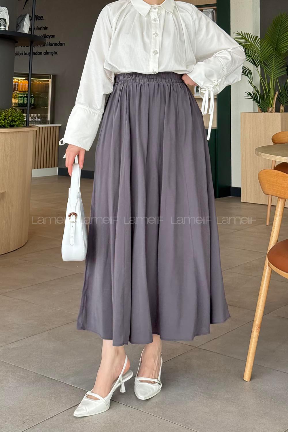 Lamelif Cep Detaylı Keten Etek Antrasit