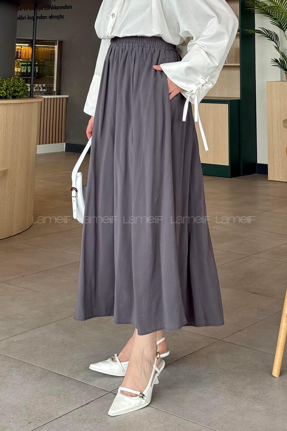 Lamelif Cep Detaylı Keten Etek Antrasit