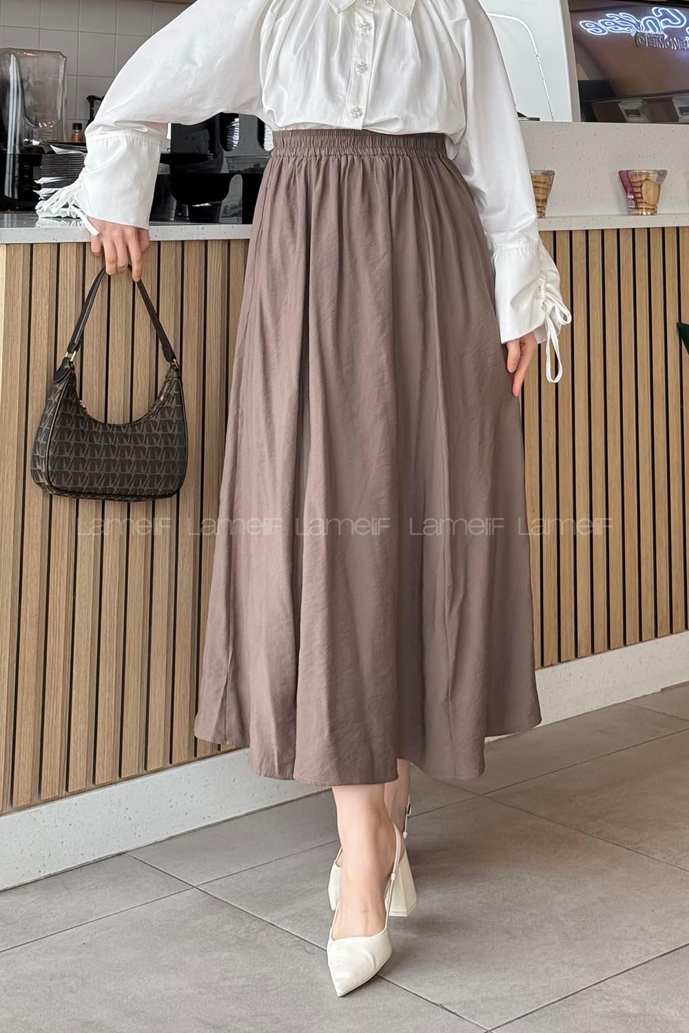 Lamelif Cep Detaylı Keten Etek Mocha Mousse