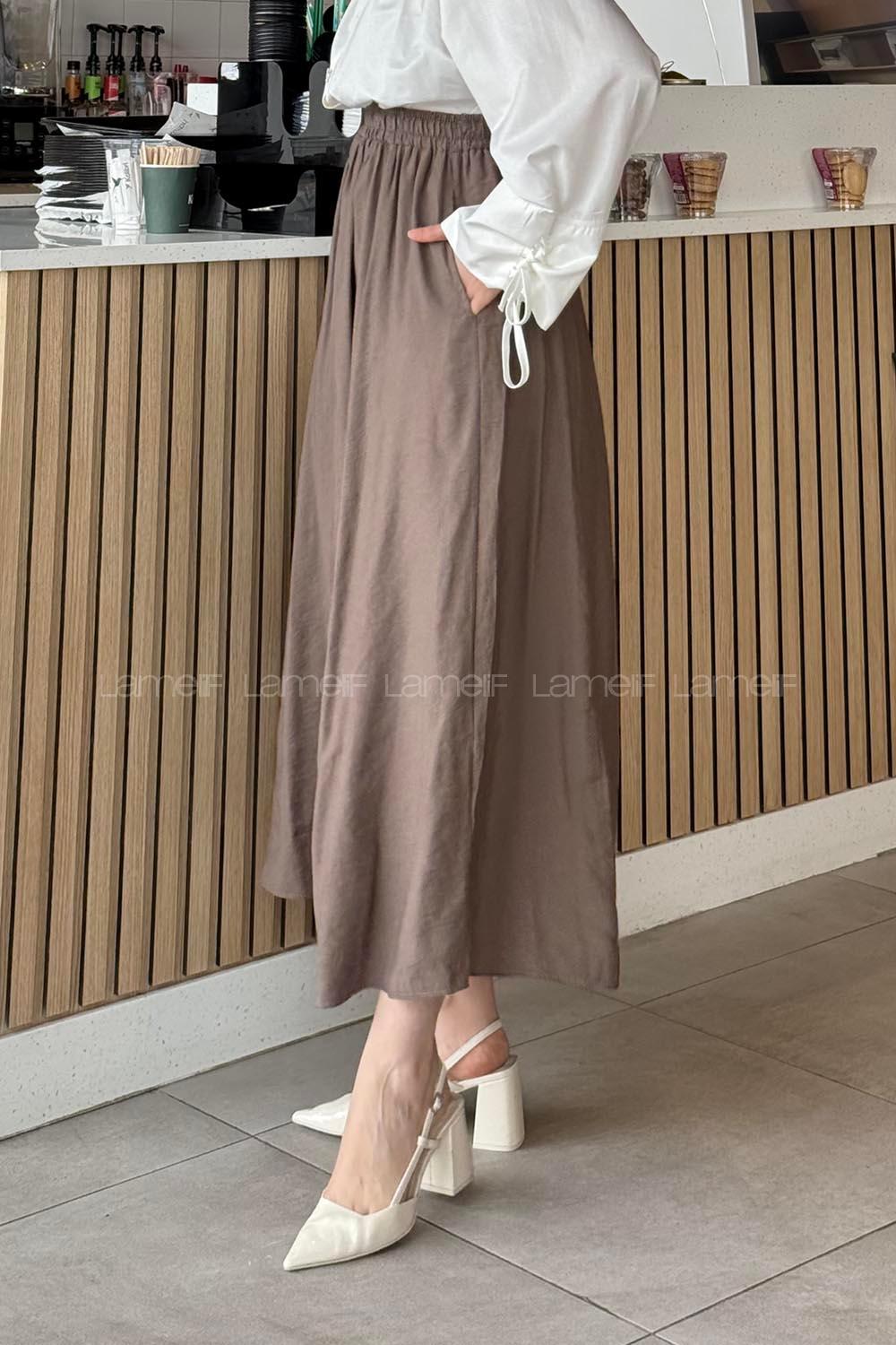 Lamelif Cep Detaylı Keten Etek Mocha Mousse