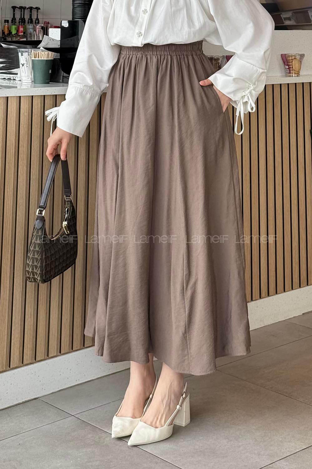 Lamelif Cep Detaylı Keten Etek Mocha Mousse