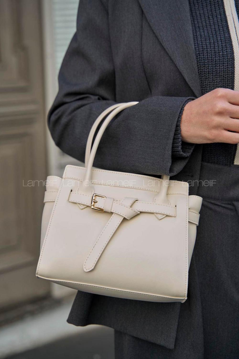 Lameli Mini Kemer Detaylı El Ve Omuz Çantası Krem