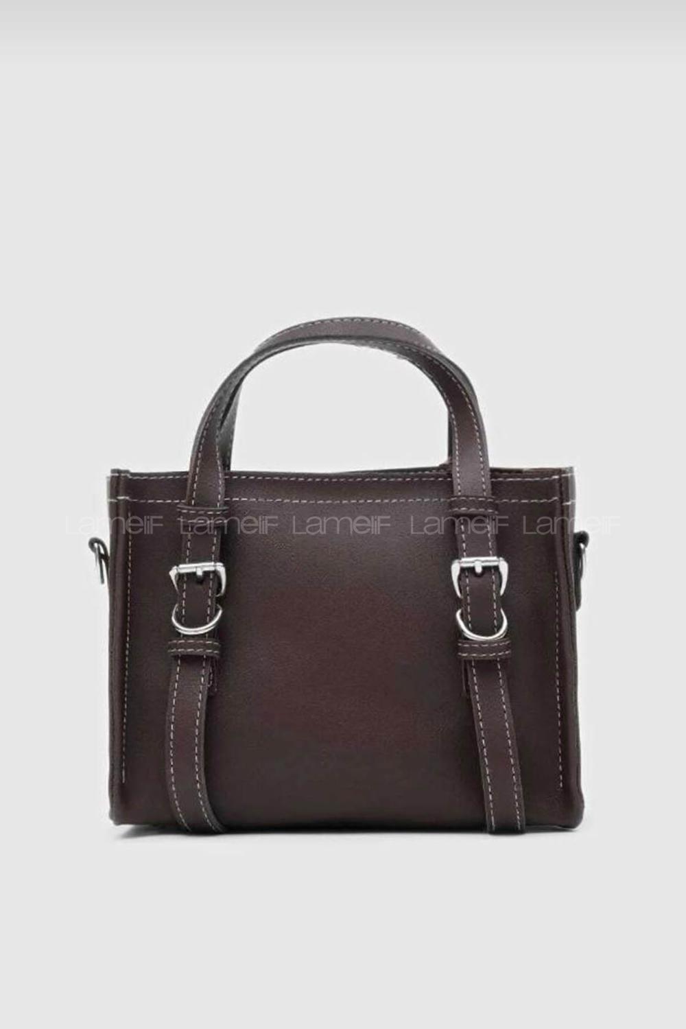Lamelif Deri Görünümlü Kadın Omuz Çantası Acı Kahve