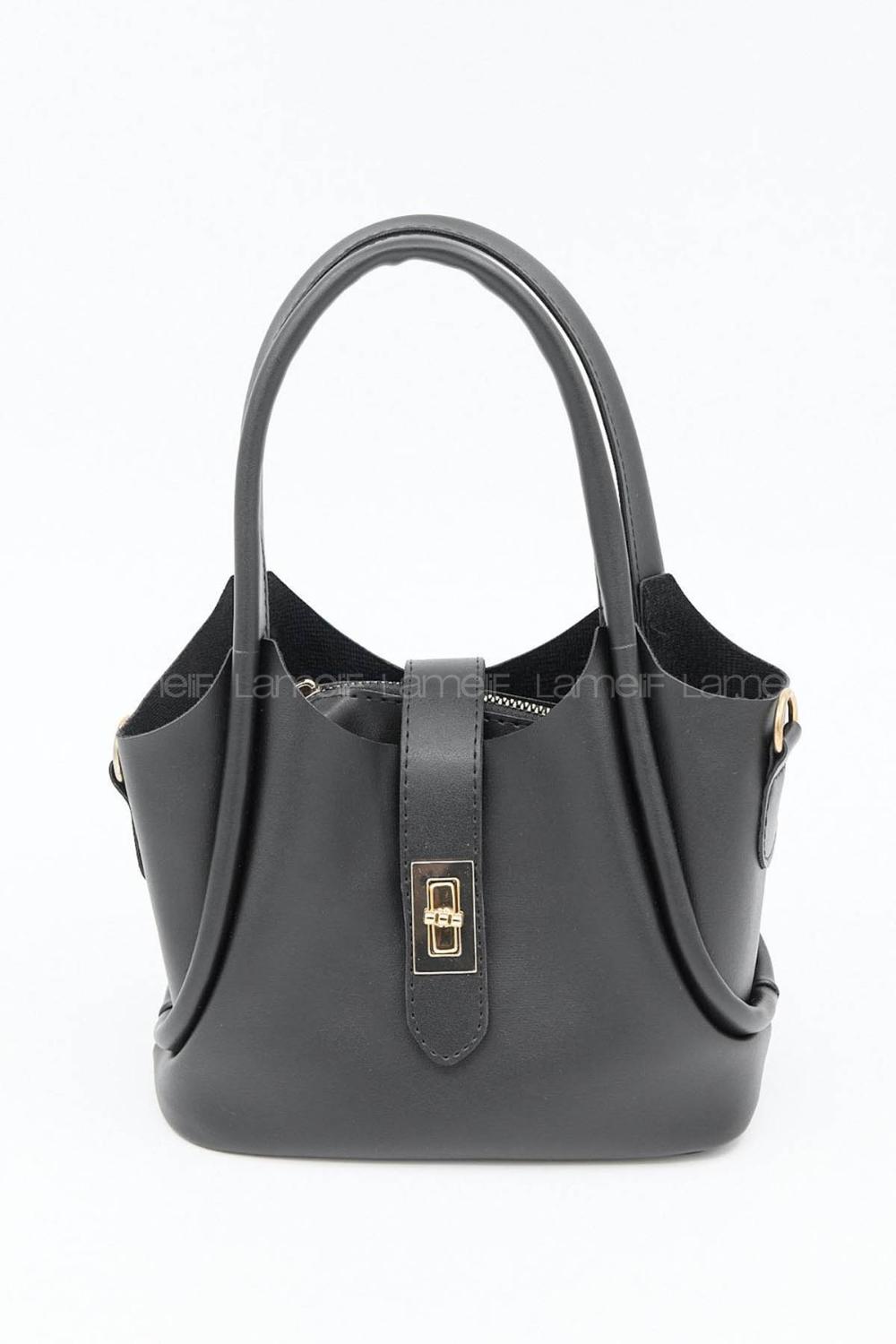 Lamelif Kilit Detaylı Mini Kanguru El Ve Omuz Çantası Kadın Siyah