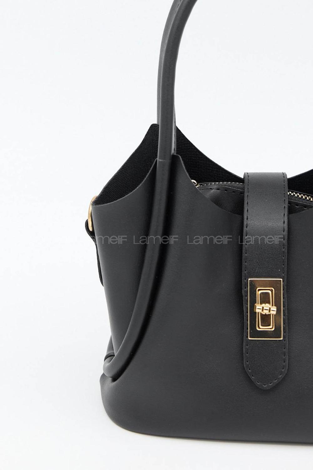 Lamelif Kilit Detaylı Mini Kanguru El Ve Omuz Çantası Kadın Siyah