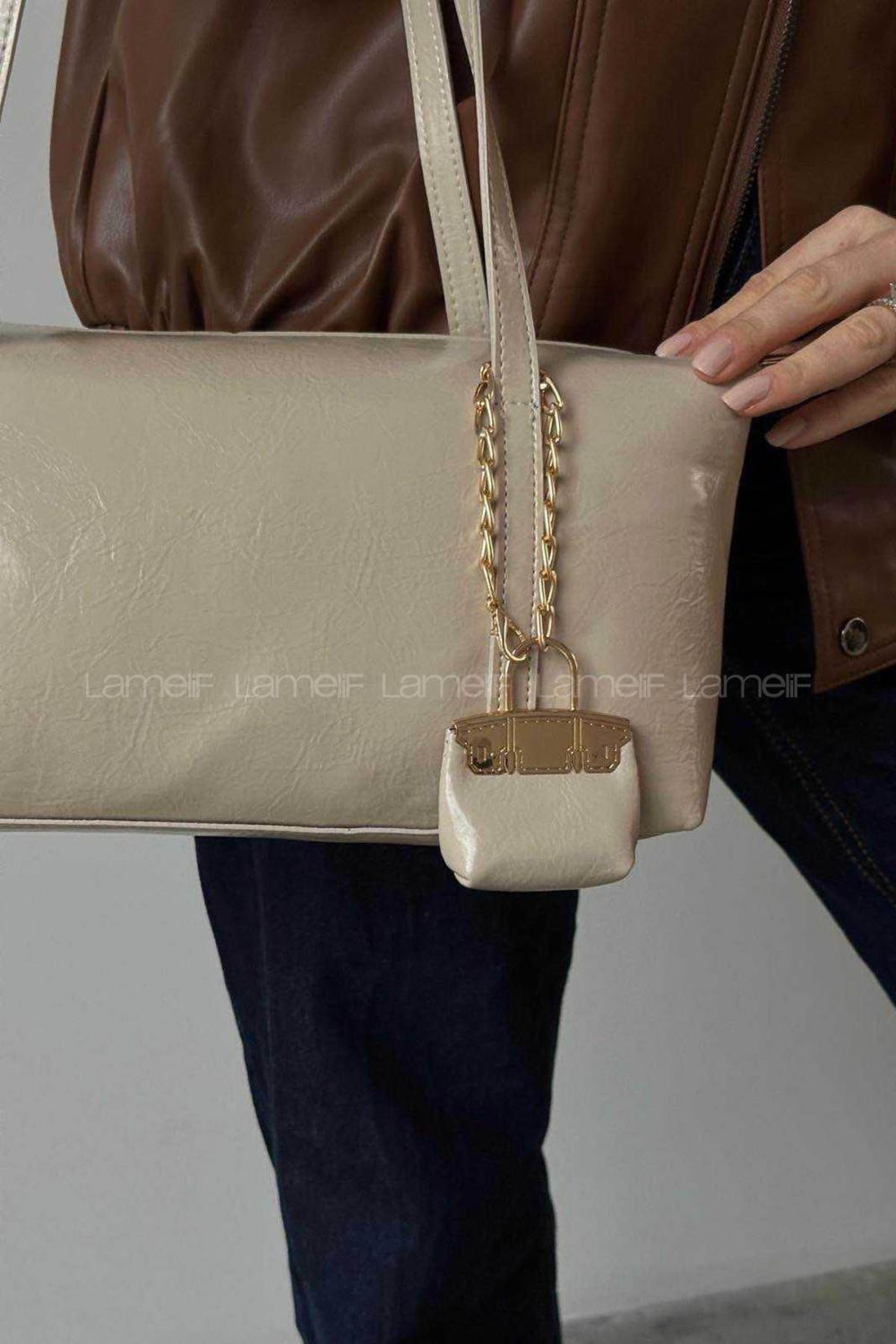 Lamelif Vanetta Model Deri Kadın El Ve Omuz Çantası Krem