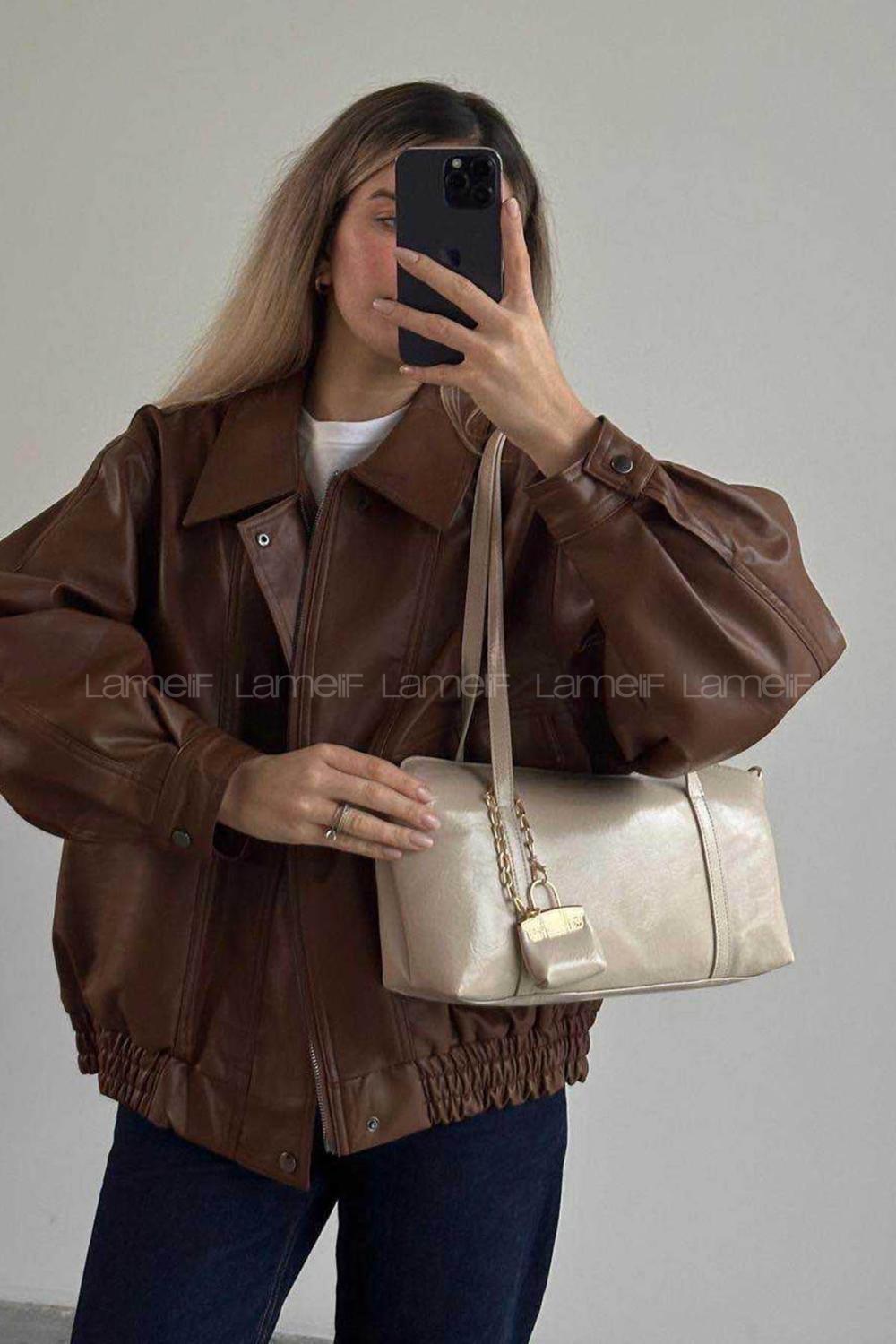 Lamelif Vanetta Model Deri Kadın El Ve Omuz Çantası Krem