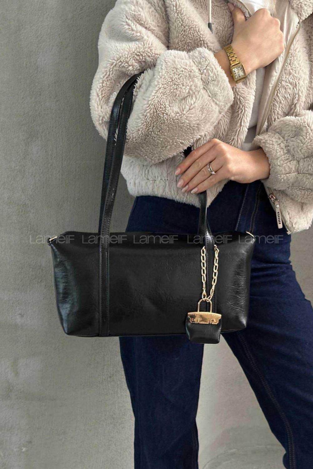 Lamelif Vanetta Model Deri Kadın El Ve Omuz Çantası Siyah