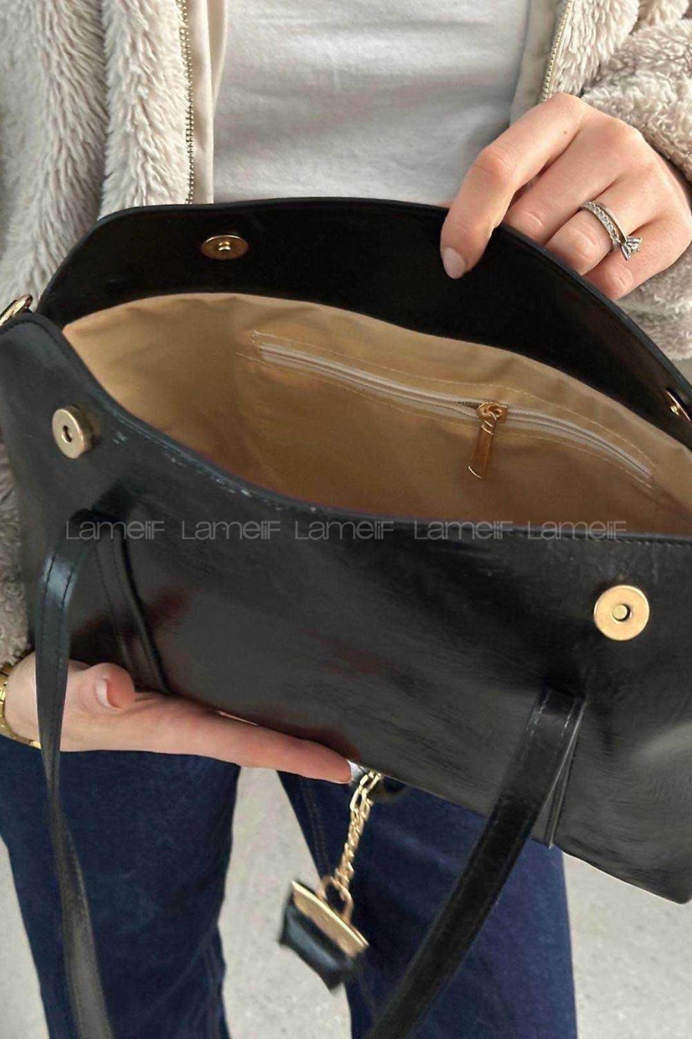 Lamelif Vanetta Model Deri Kadın El Ve Omuz Çantası Siyah