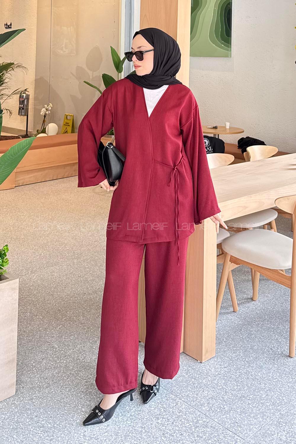 Lamelif Bağlama Detaylı Kimono Tesettür Takım Bordo