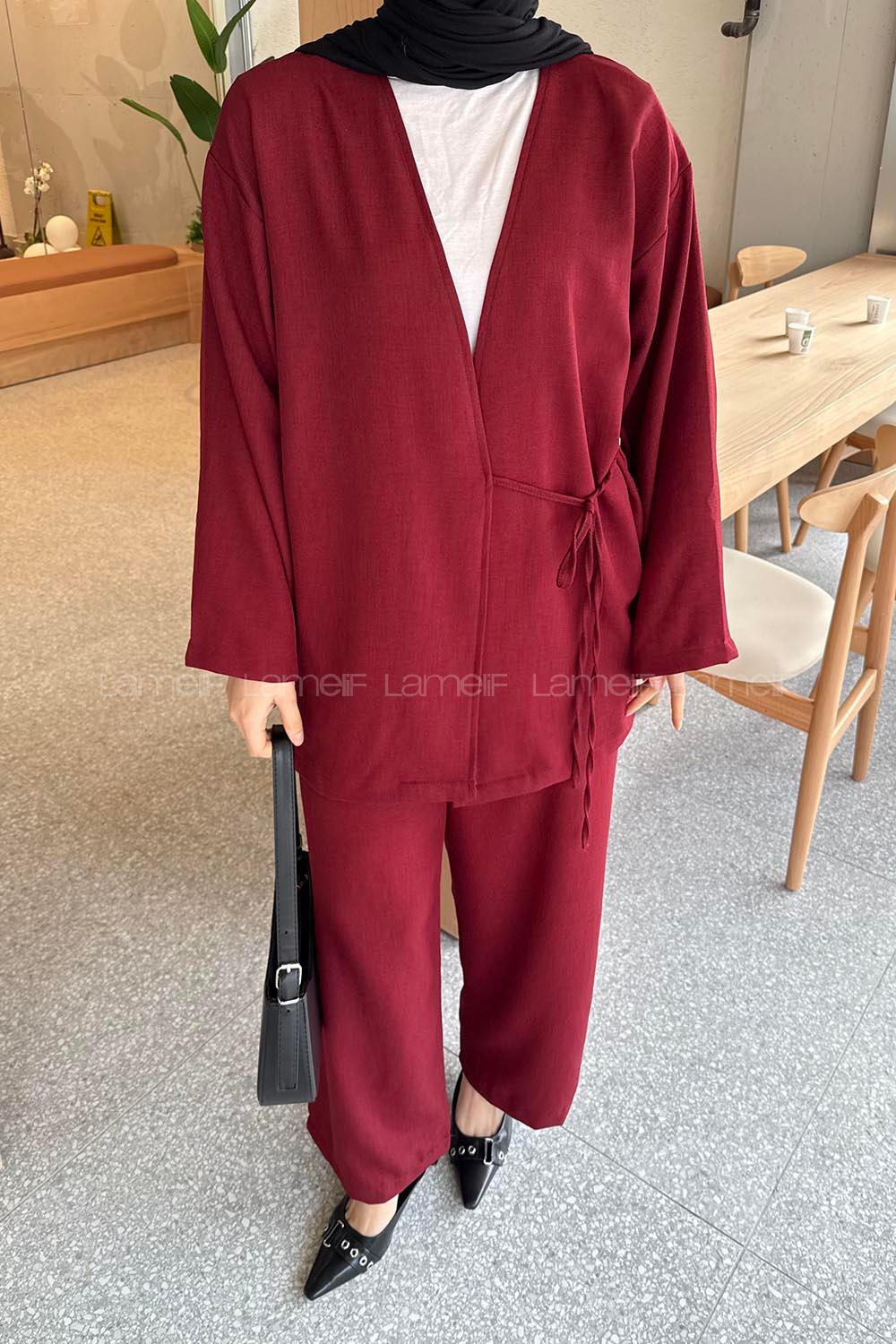 Lamelif Bağlama Detaylı Kimono Tesettür Takım Bordo