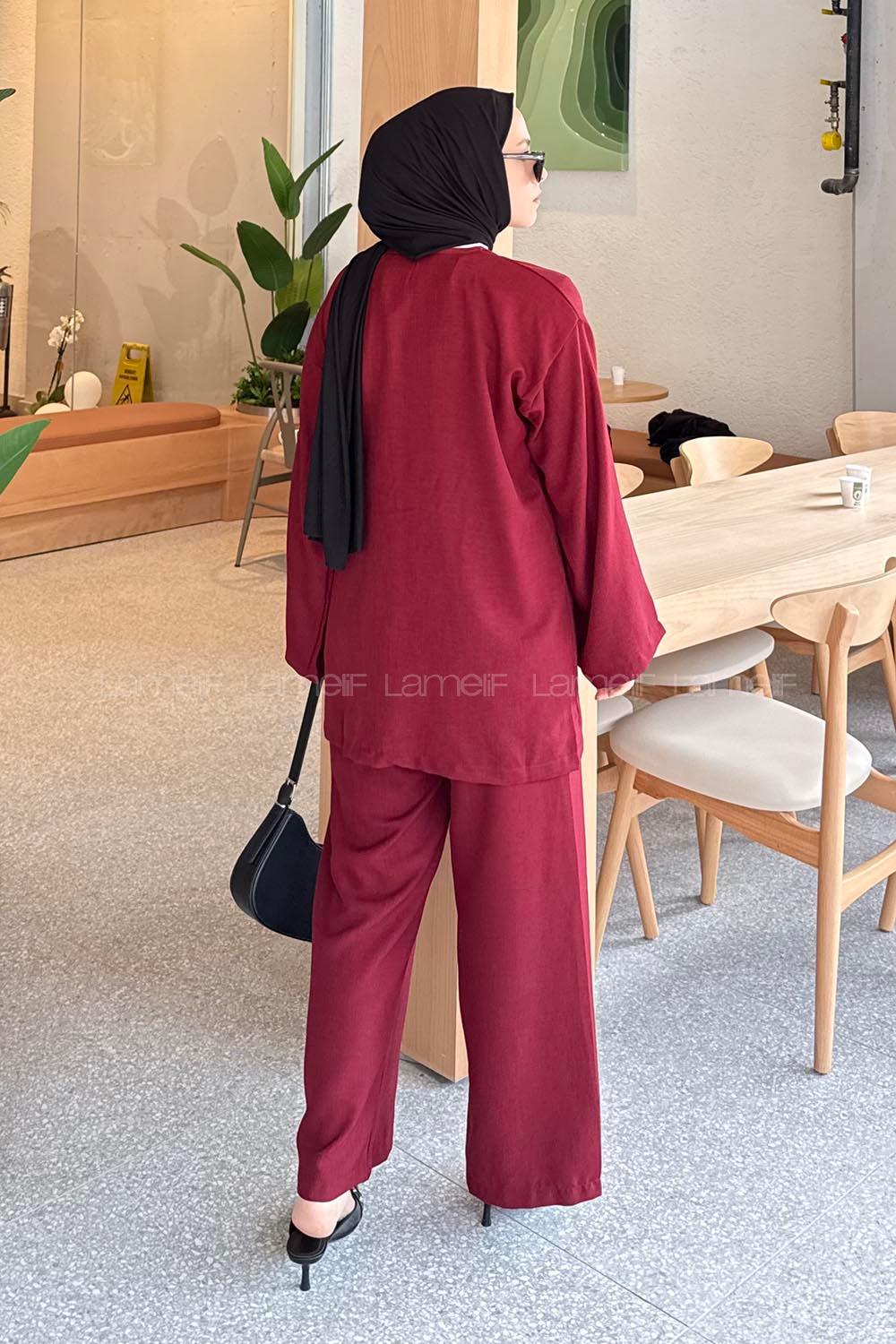 Lamelif Bağlama Detaylı Kimono Tesettür Takım Bordo