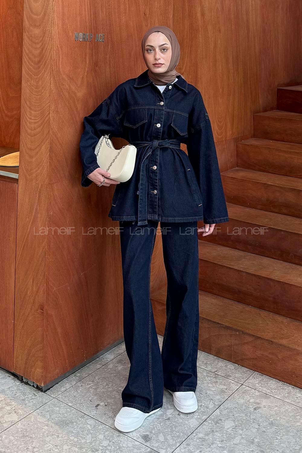 Lamelif Denim Kuşaklı Ceket-Pantolon İkili Takım Kot Mavisi