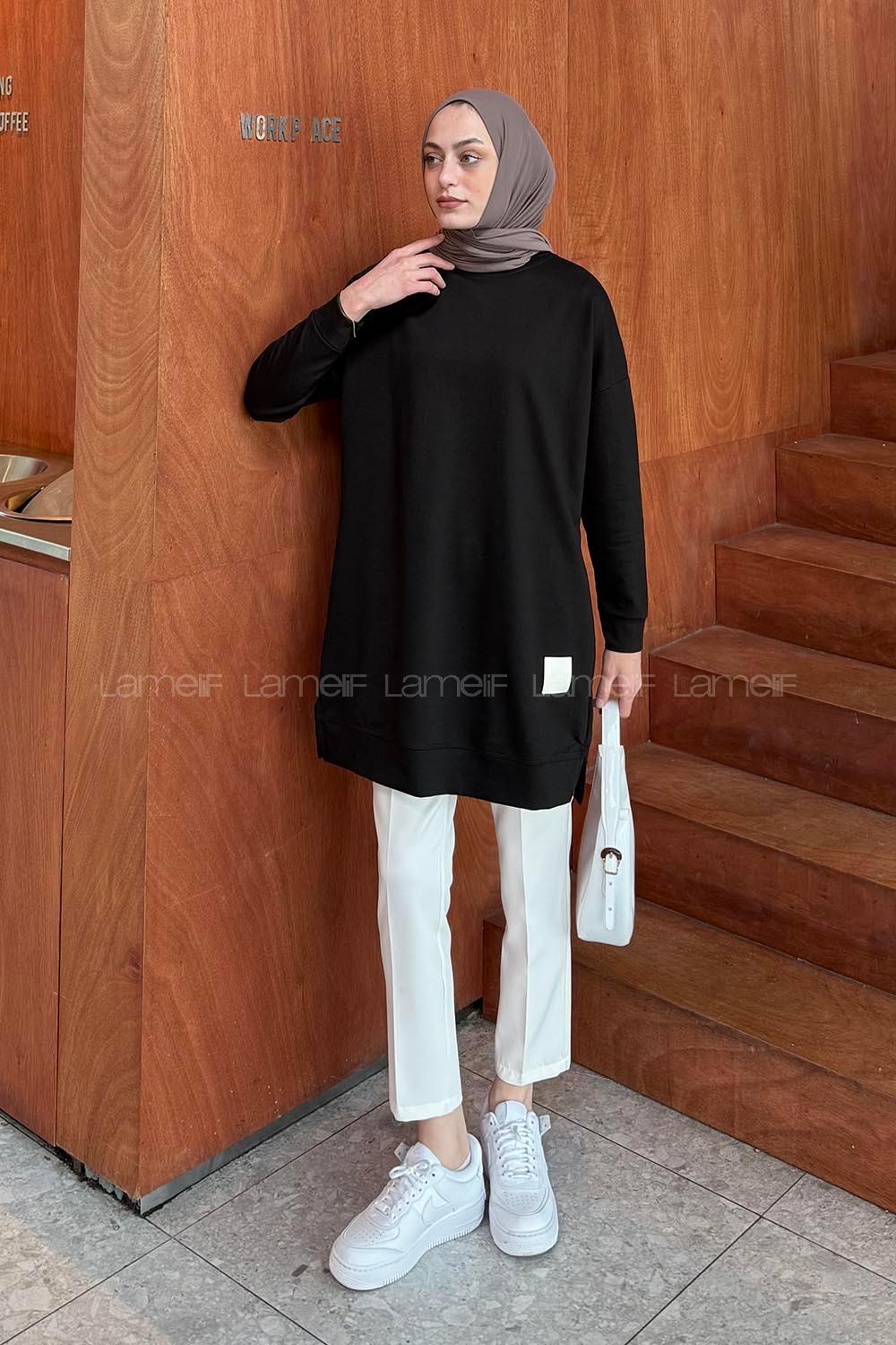 Lamelif İki iplikli Arma Detaylı Sweat Tunik Siyah