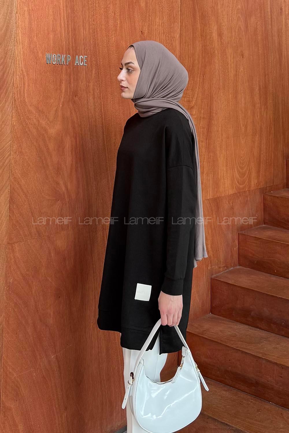 Lamelif İki iplikli Arma Detaylı Sweat Tunik Siyah