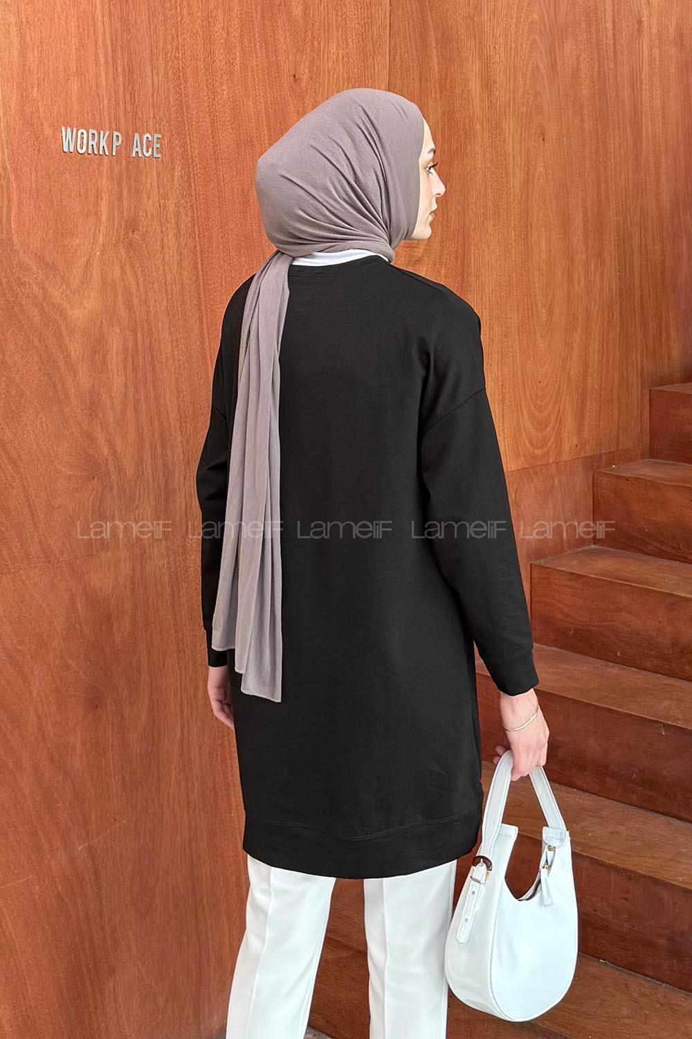 Lamelif İki iplikli Arma Detaylı Sweat Tunik Siyah