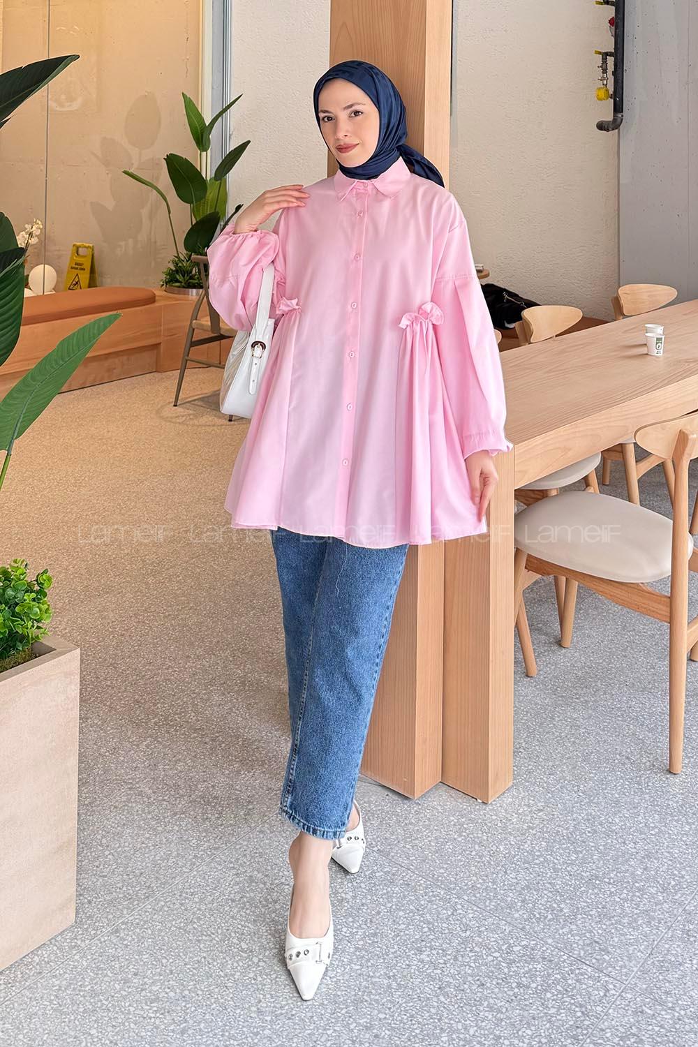 Candy Pink Shirt Collar Linen Tunic