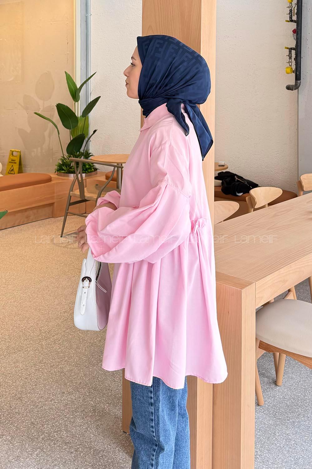 Candy Pink Shirt Collar Linen Tunic