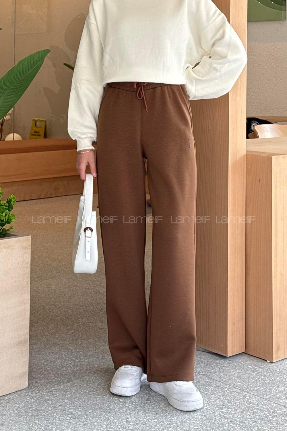 Lamelif Modal Kumaş Bol Paça Eşofman Kahve