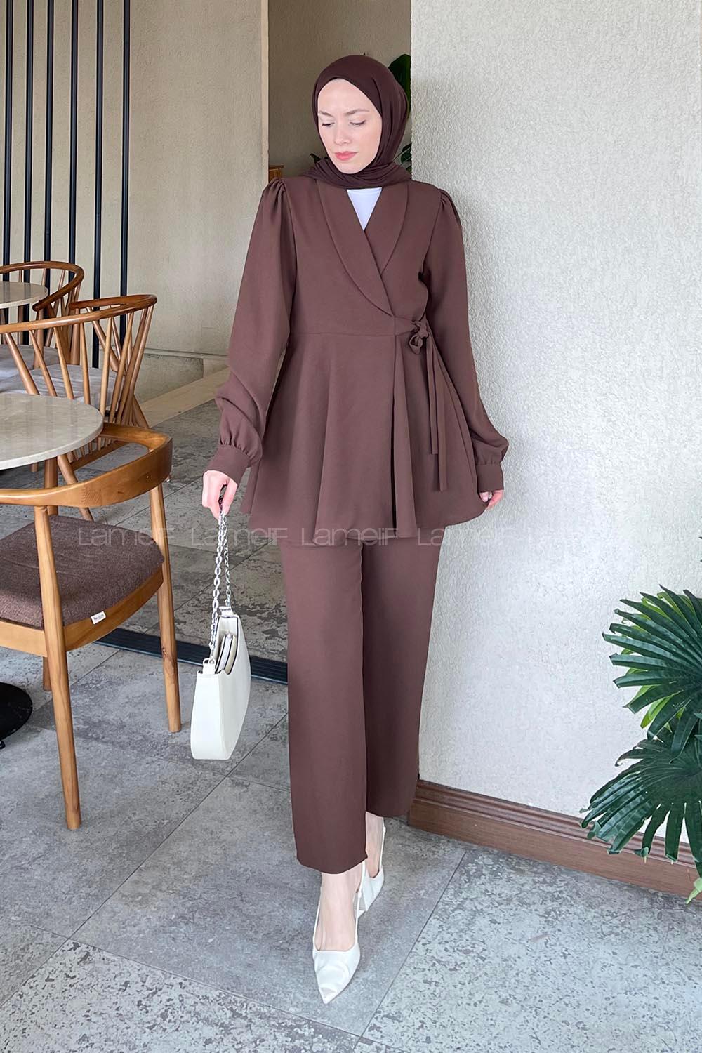 Lamelif Bağlamalı Ceketli Takım Acı Kahve