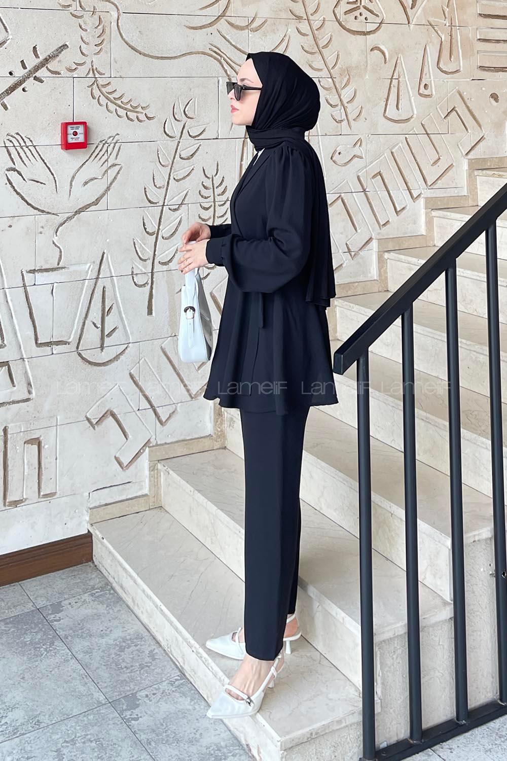 Lamelif Bağlamalı Ceketli Takım Siyah