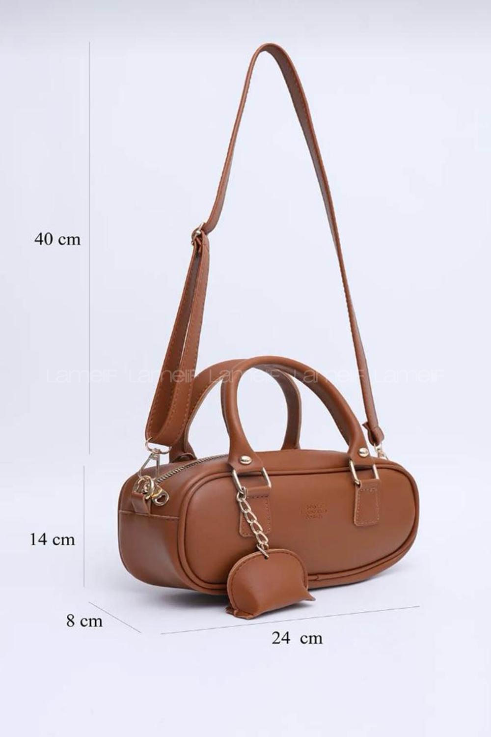 Lamelif Charm Detaylı Fermuarlı Ayarlanabilir Askılı El, Kol ve Omuz Çantası Taba