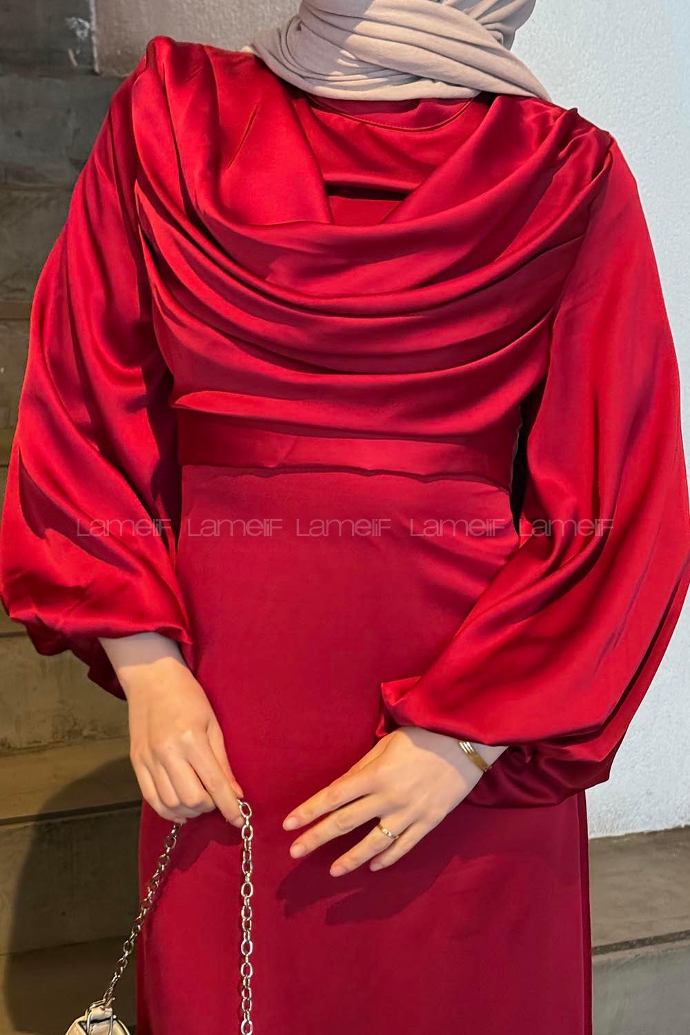 Lamelif Ön Drapeli Saten Tesettür Elbise Bordo