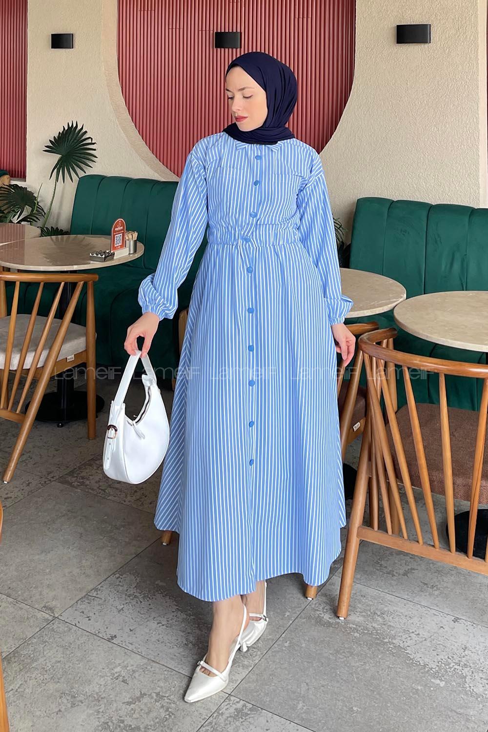 Lamelif Önü Patlı Çizgili Tesettür Elbise Mavi