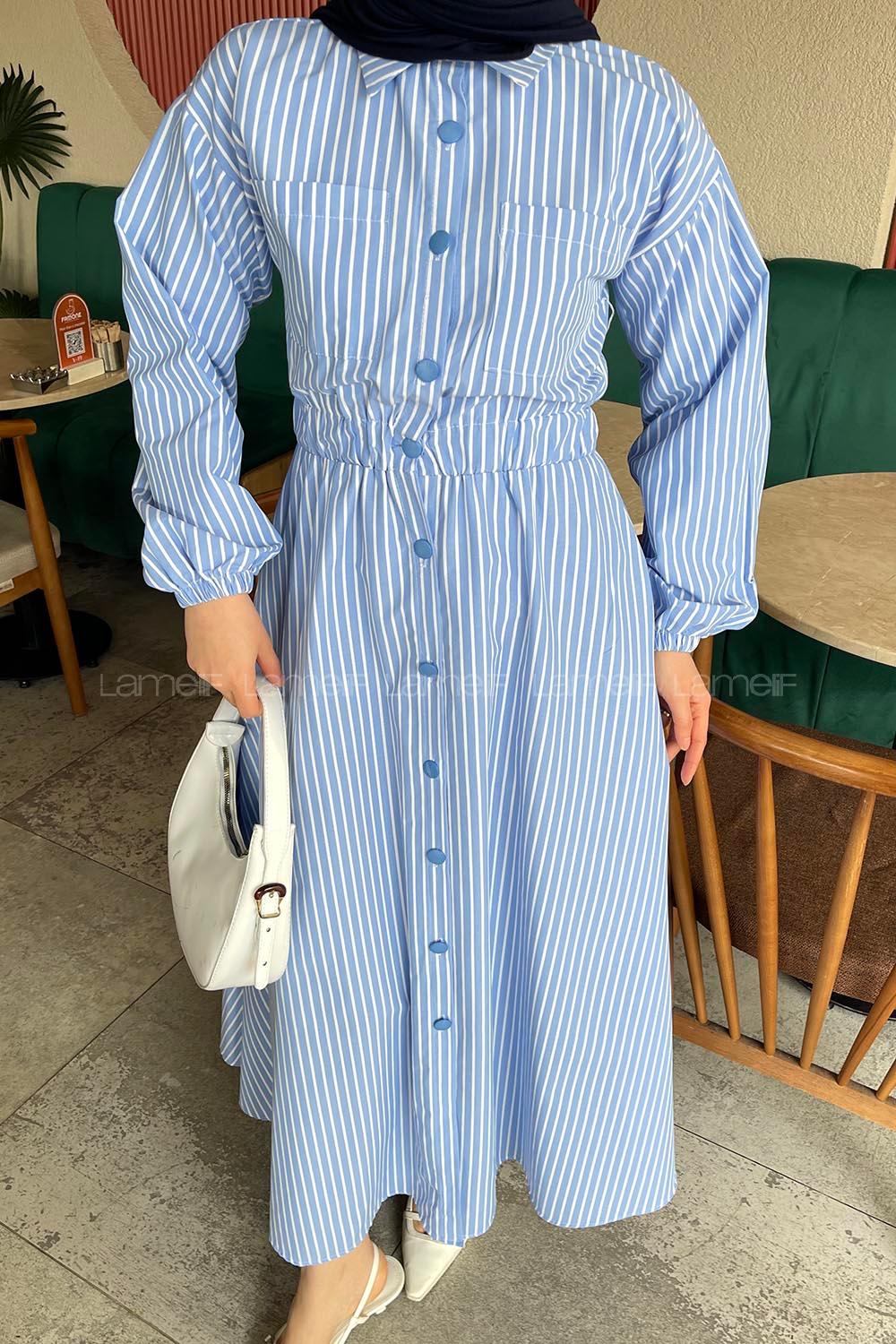 Lamelif Önü Patlı Çizgili Tesettür Elbise Mavi