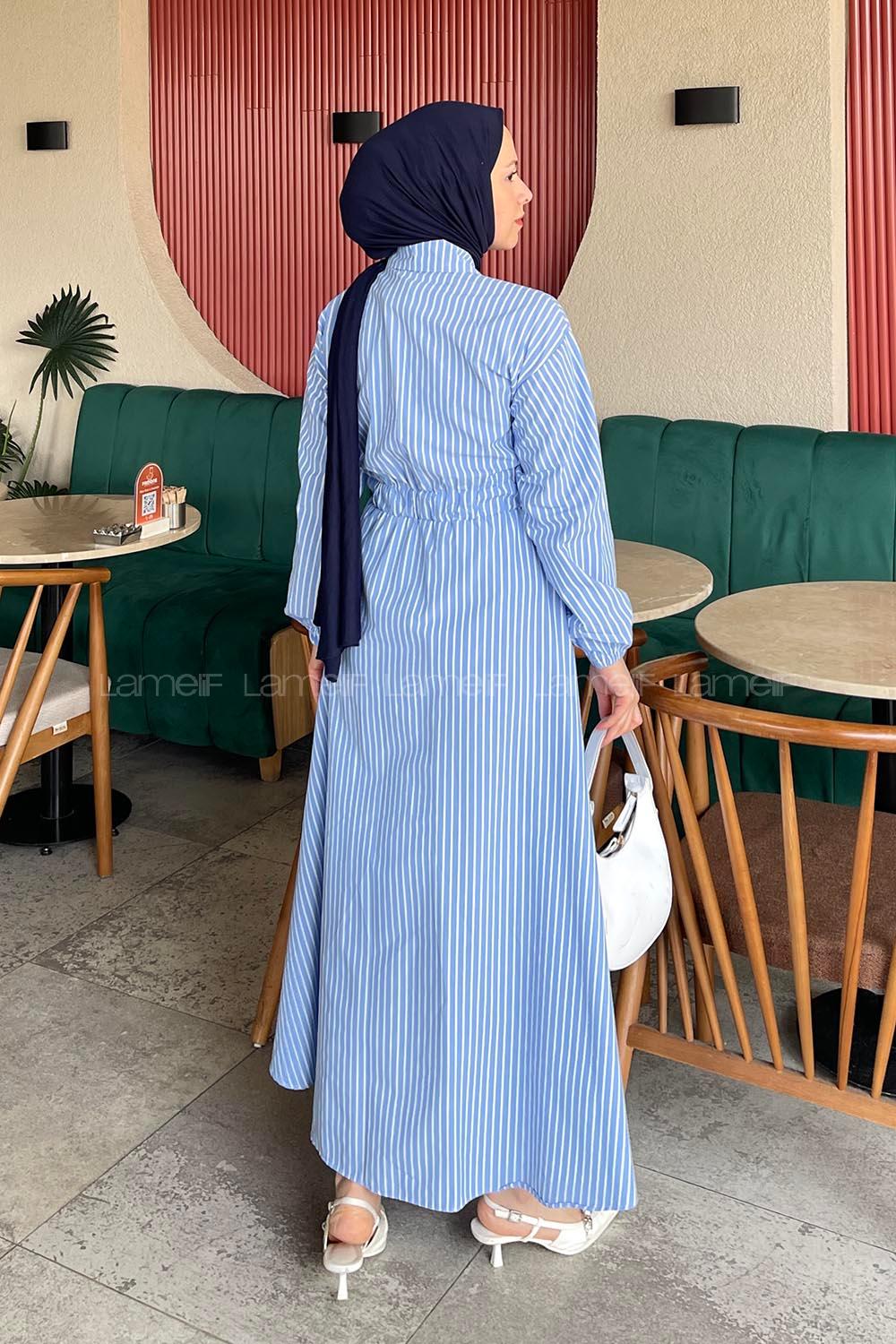 Lamelif Önü Patlı Çizgili Tesettür Elbise Mavi