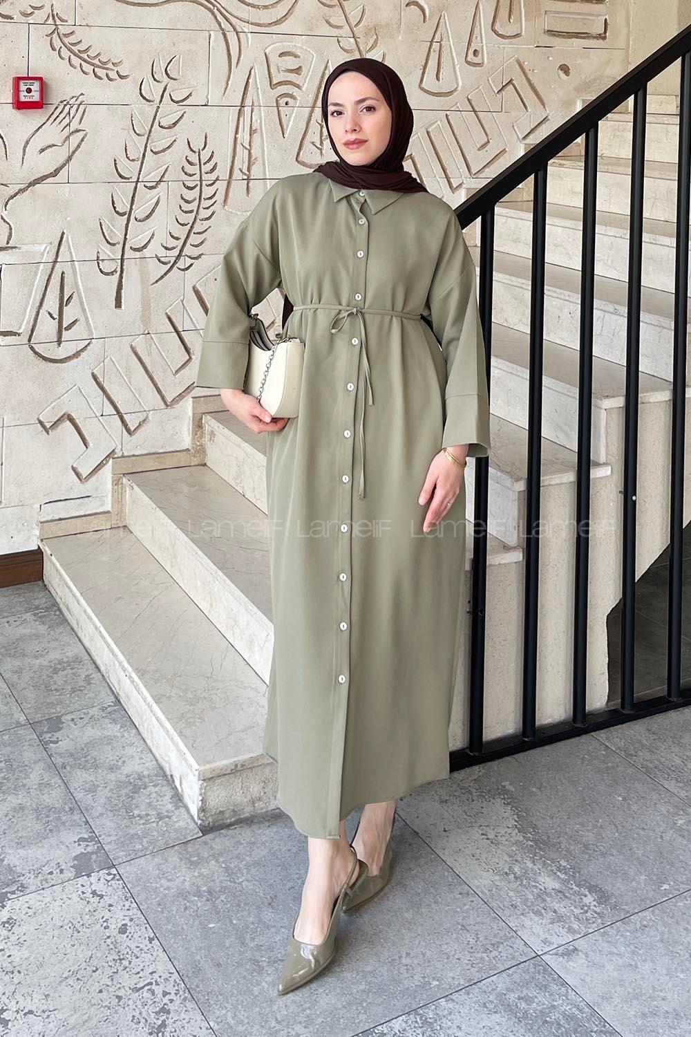 Army Green Shirt Collar Cotton Dresess