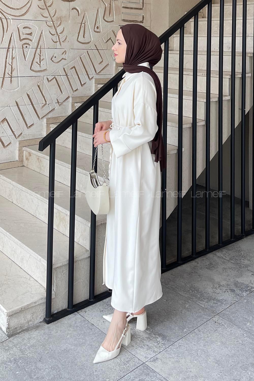 Lamelif Takma Manşet Detaylı Dabıl Tesettür Elbise Krem