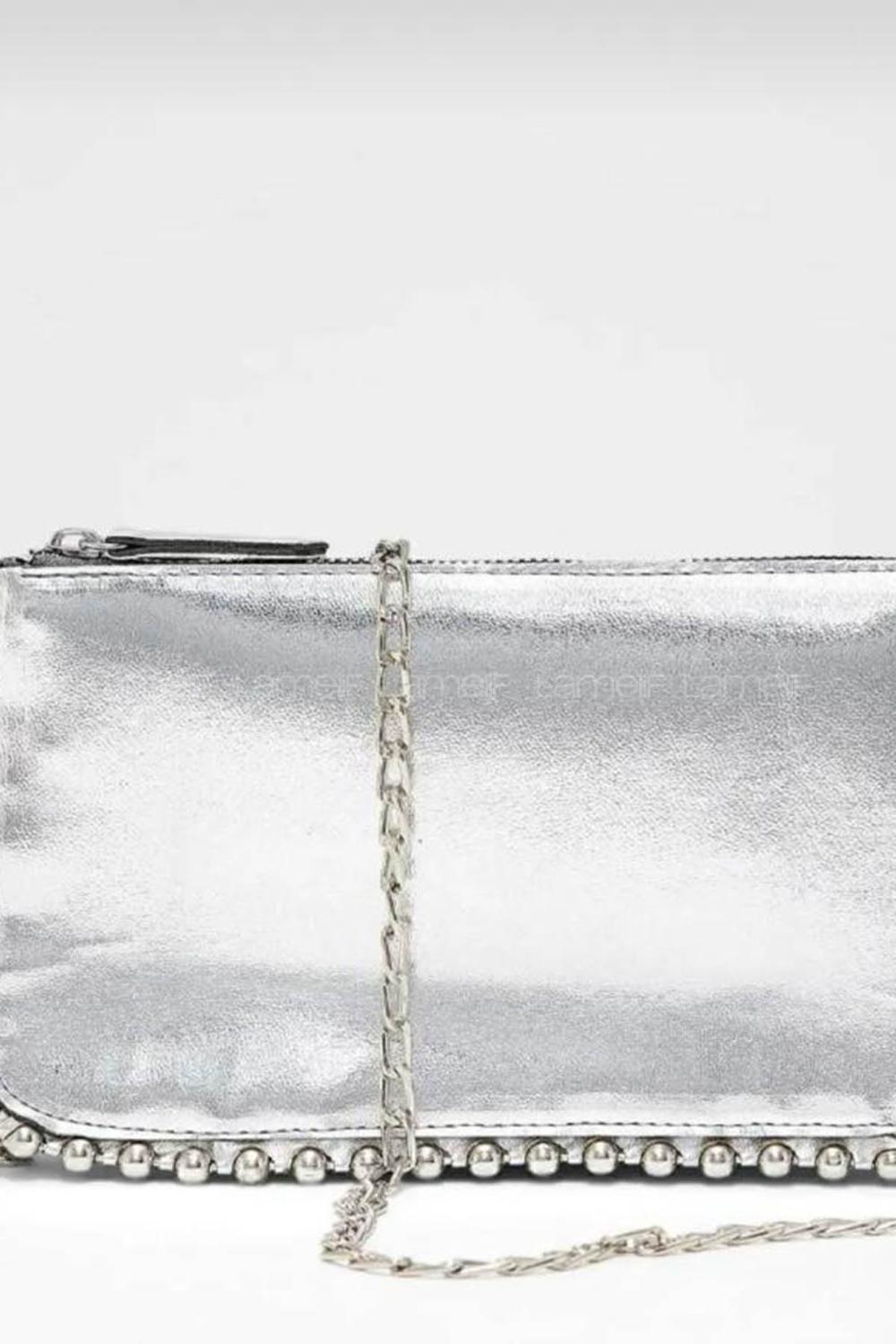 Lamelif Zımbalı Çapraz Askılı Zincirli Model Yumuşak Deri Fermuarlı Kadın Omuz Çantası Gümüş