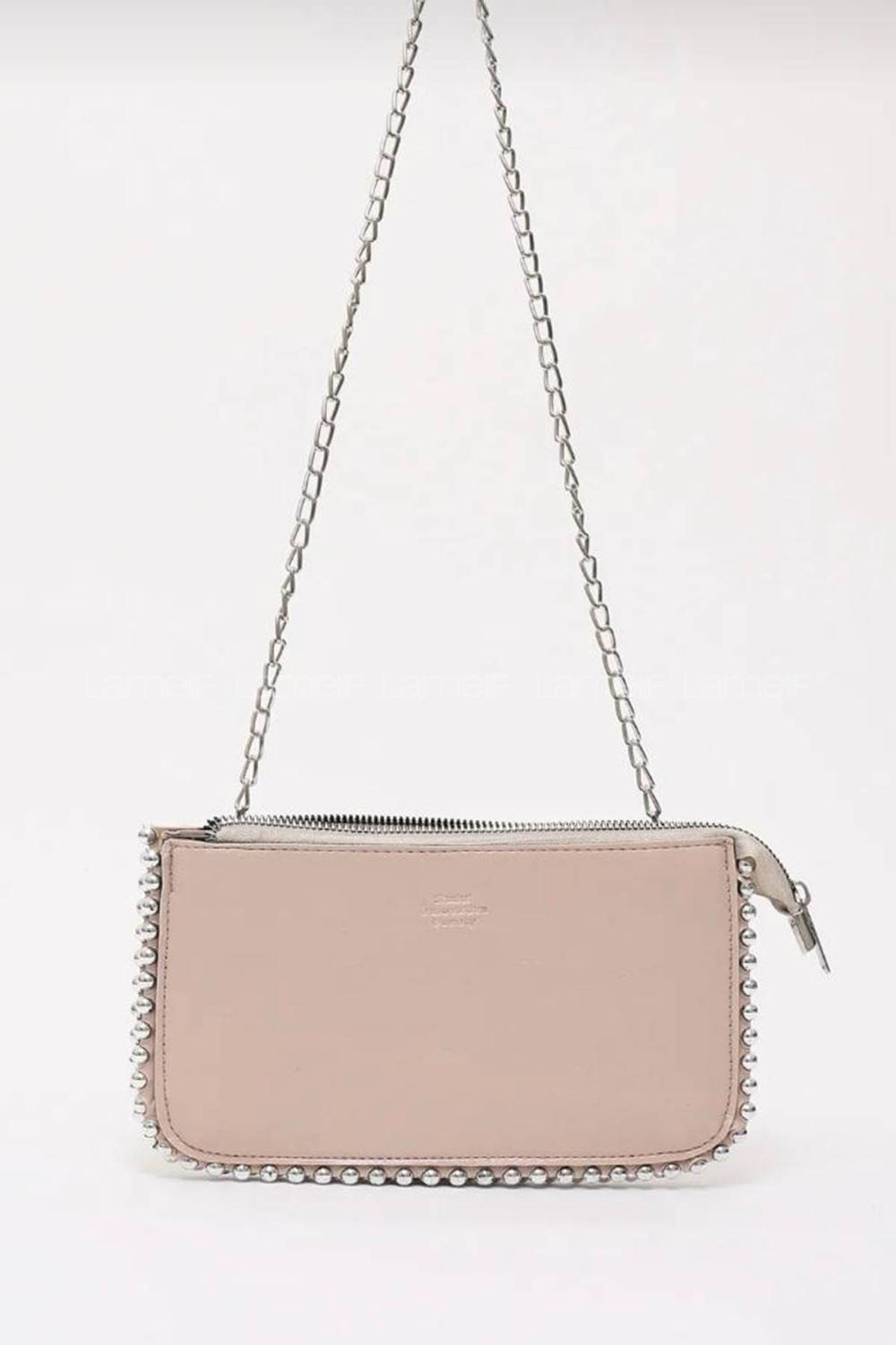 Lamelif Zımbalı Çapraz Askılı Zincirli Model Yumuşak Deri Fermuarlı Kadın Omuz Çantası Vizonrengi