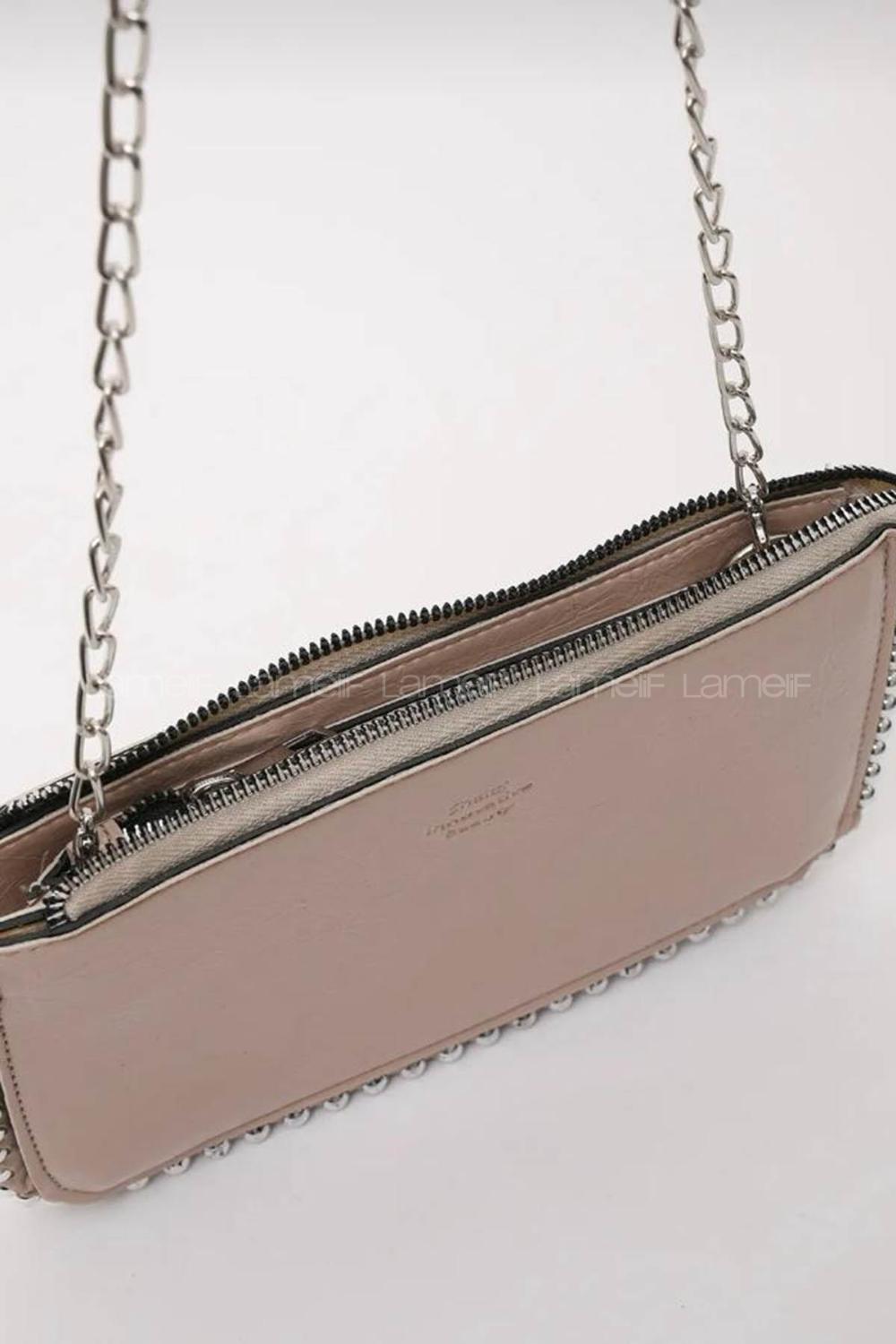 Lamelif Zımbalı Çapraz Askılı Zincirli Model Yumuşak Deri Fermuarlı Kadın Omuz Çantası Vizonrengi