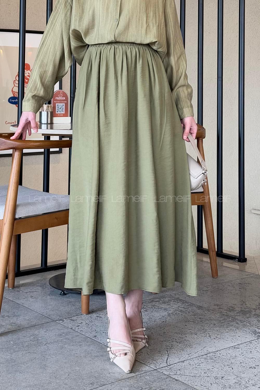 Lamelif Cep Detaylı Keten Etek Haki