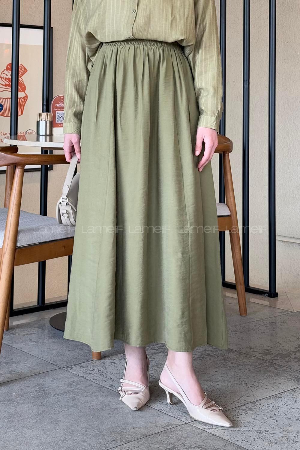 Lamelif Cep Detaylı Keten Etek Haki