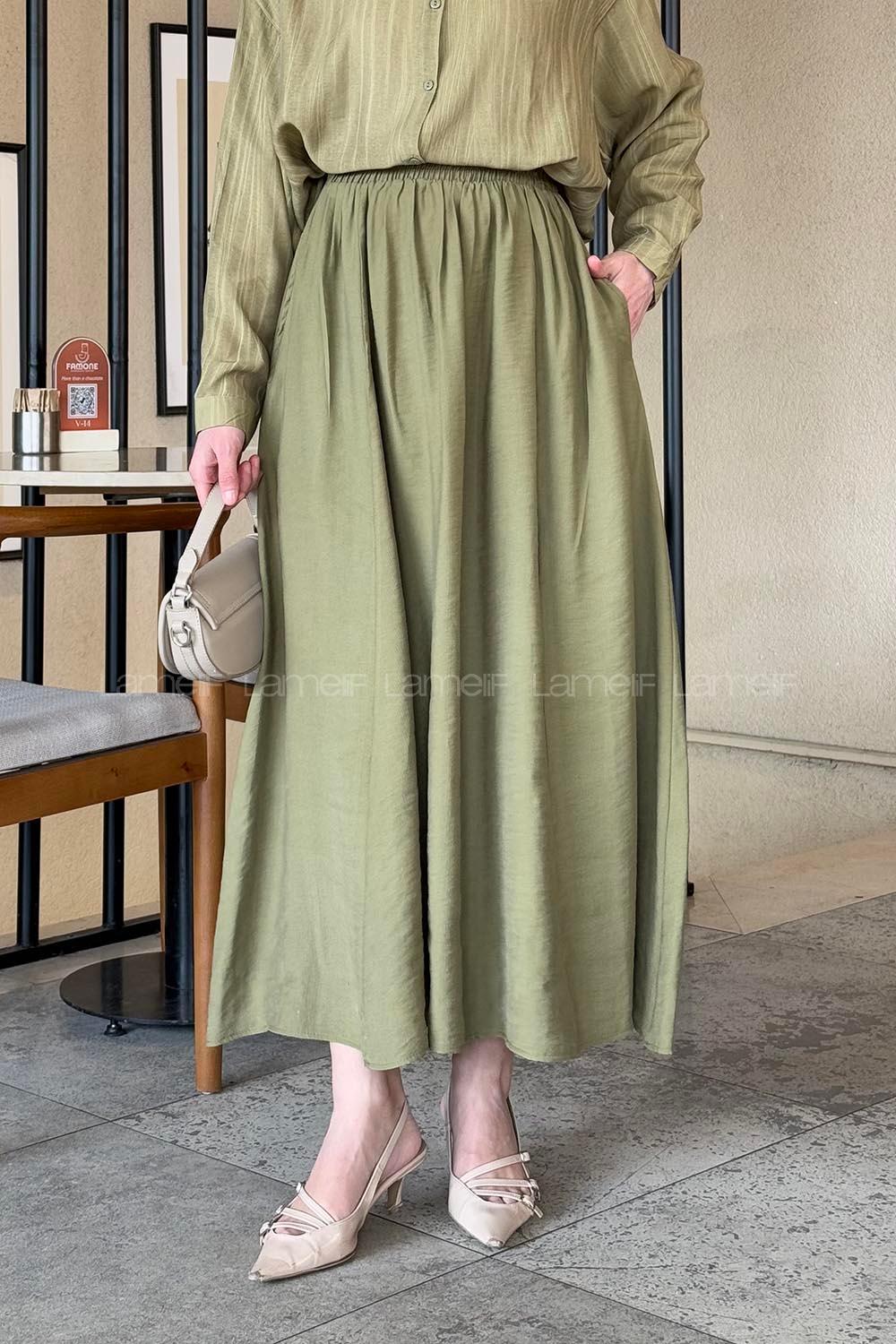 Lamelif Cep Detaylı Keten Etek Haki