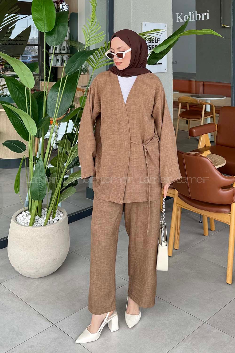 Lamelif Bağlama Detaylı Kimono Tesettür Takım Acı Kahve