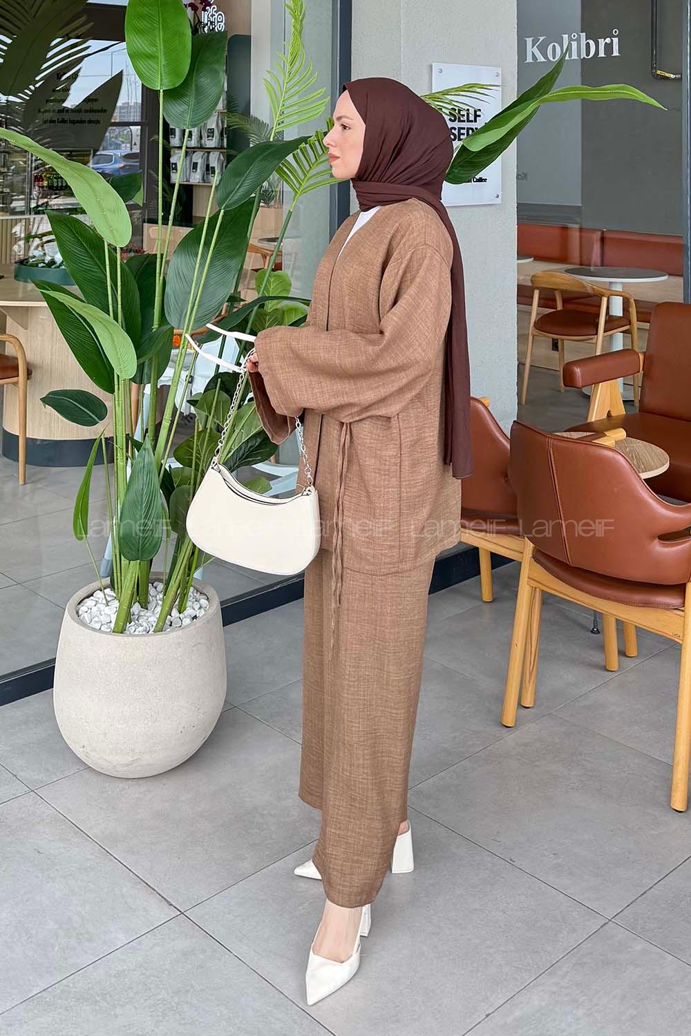 Lamelif Bağlama Detaylı Kimono Tesettür Takım Acı Kahve